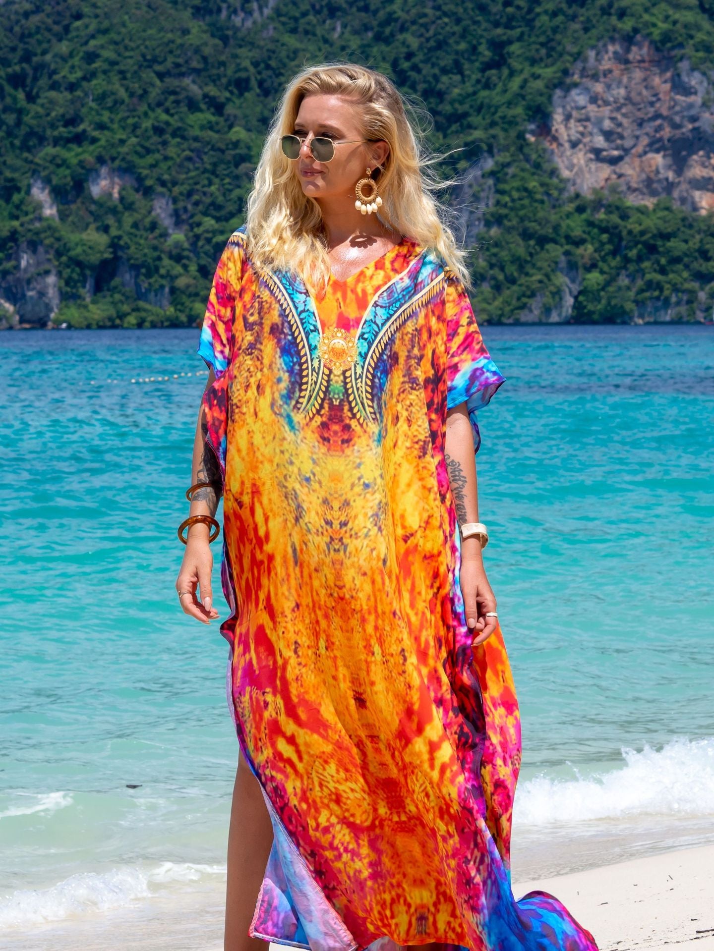 Rayon Printed Robe Seaside Holiday Sun Protection Shirt Beach Dress Bikini